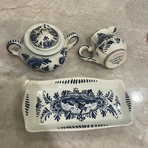 $SALE! Vintage Delft Cream & Sugar Pottery Set with Windmill Art White Blue Tray